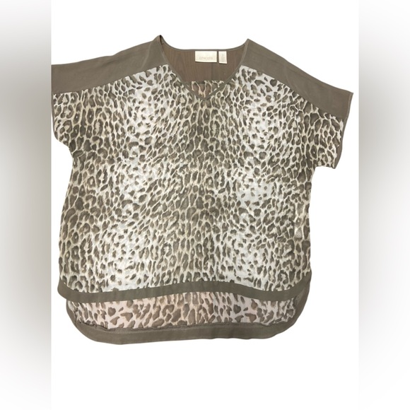 Chico's Animal Print Sheer Tunic Blouse Size L Brown Ivory Oversized Boxy Flowy - Picture 7 of 13